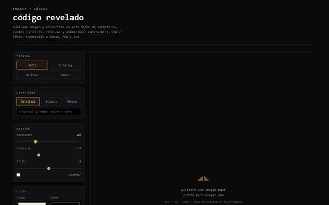 Código revelado: panel de técnicas ASCII, dithering, halftone y umbral, con ajustes de resolución, contraste y brillo