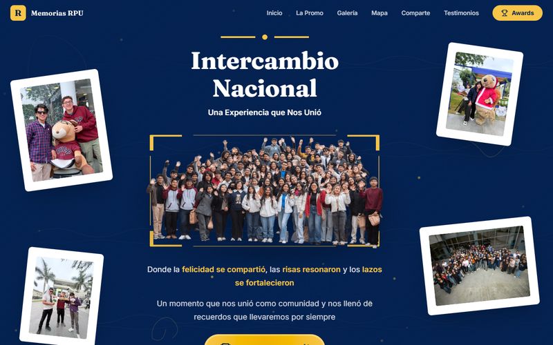 Portada de Memorias RPU: «Intercambio Nacional, una experiencia que nos unió», con la foto grupal de la promoción y fotos del viaje en marcos de polaroid