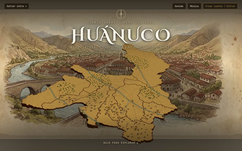 Reto Trivia Huánuco: la portada del juego, con el título HUÁNUCO sobre el mapa de las once provincias dibujado como un plano antiguo y el lema «Conquista las once provincias»